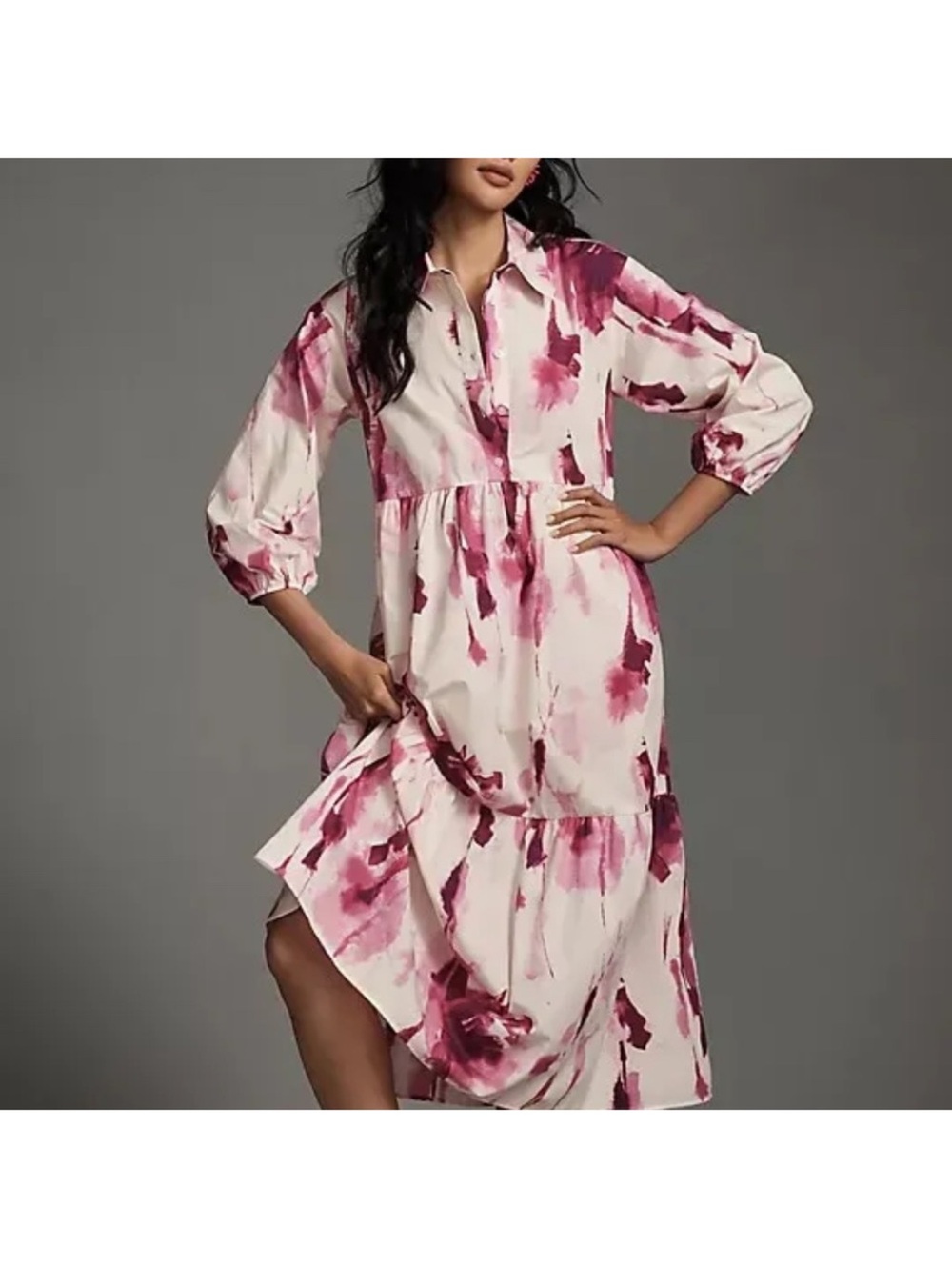 MY26 Maeve The Bettina Tiered Shirt Dress In Pink Watercolor Print